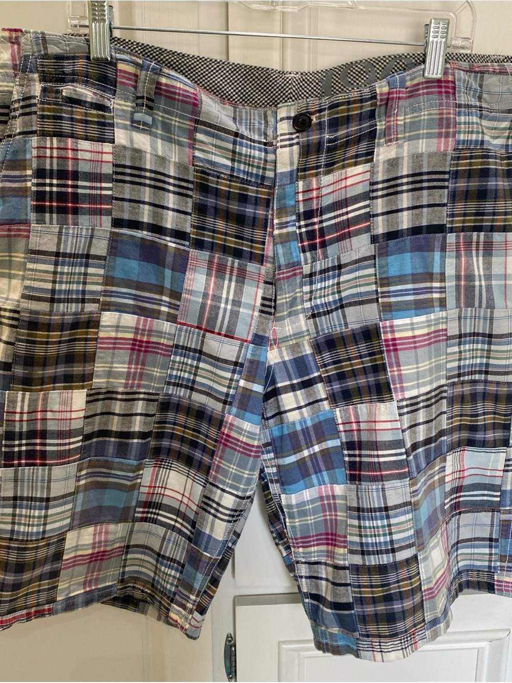 Nordstrom 1901 Men's Plaid Madras Patchwork Shorts - Multi Blue & Gray 40x10